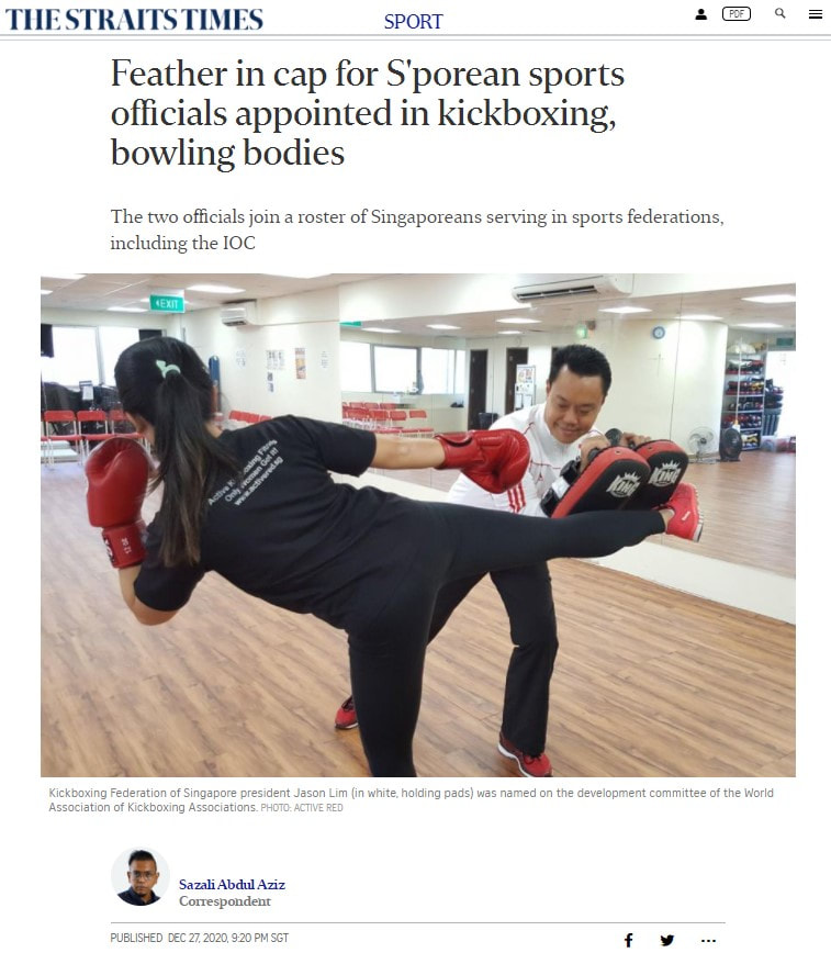 Kickboxing Singapore Straits Times - Jason Lim appointed to WAKO Development Committee